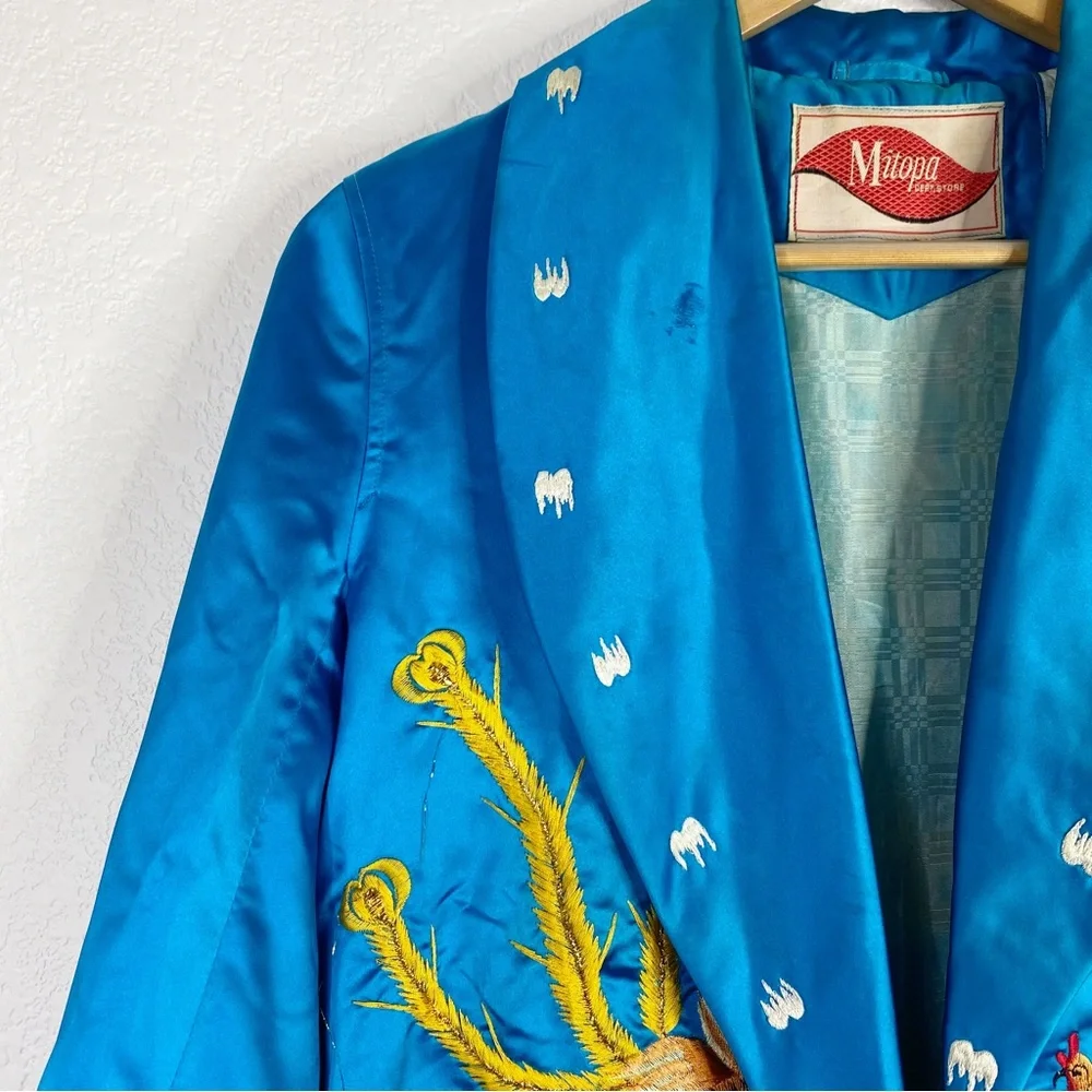 Vintage Mitopa Department Store Blue Satin Dragon Embroidered Asian Robe - Picture 3 of 14